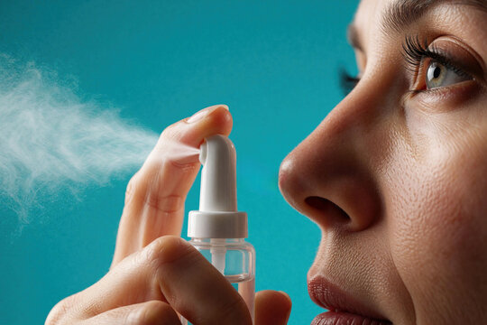 Woman sprays nasal passages for relief from allergies or congestion. She uses a medical device to apply a saline solution. The clear liquid helps moisturize dry sinuses.