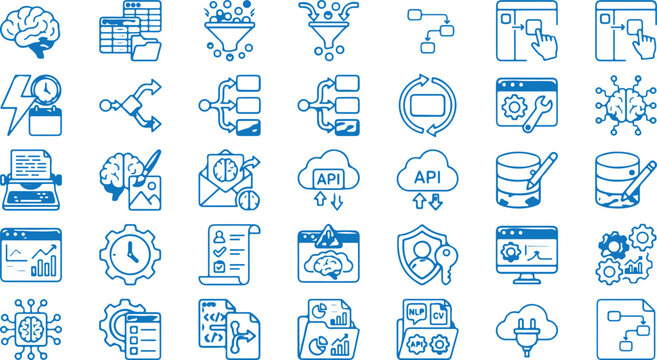  Big data engineering data pipeline ETL process and artificial intelligence API integration blue line icon set