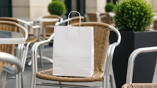 A single plain white shopping bag resting on a woven outdoor cafe chair