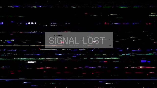 Digital screen showing 'Signal Lost' message with heavy glitch effect, pixel noise, static lines, symbolizing communication failure, data corruption, and system error