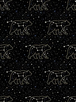Celestial bear constellation seamless pattern on starry night sky
