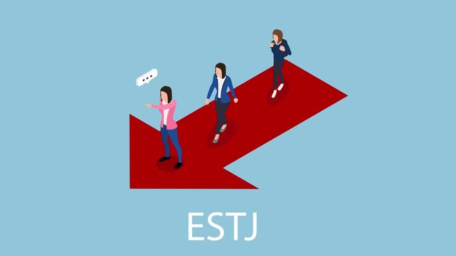 ESTJ Personality Type Concept with Business People Standing on Arrow 3d animation cartoon