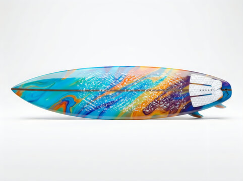 Colorful surfboard with vibrant abstract design and fins on display