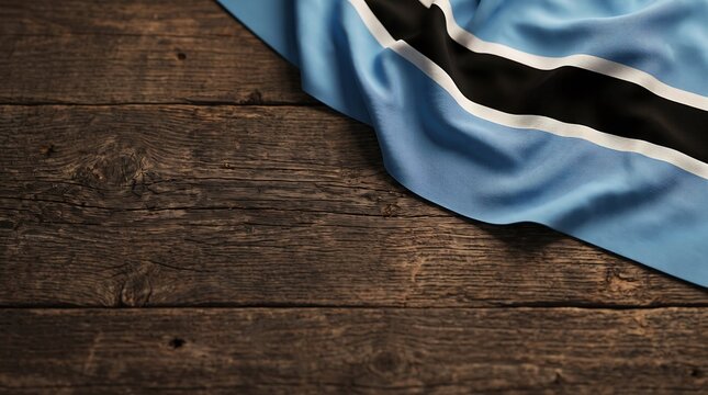 Textured Botswana national flag on dark rustic wooden surface with copy space and dramatic lighting