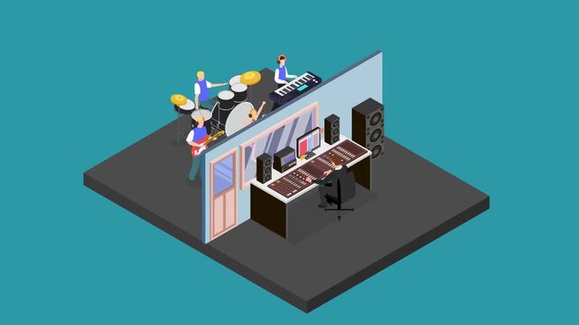 Music Recording Studio Concept with Band Performing and Sound Engineer 3d animation cartoon