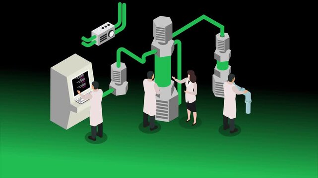 Scientists Working in Laboratory with Industrial Chemical Equipment and Biofuel Pipes 3d animation cartoon