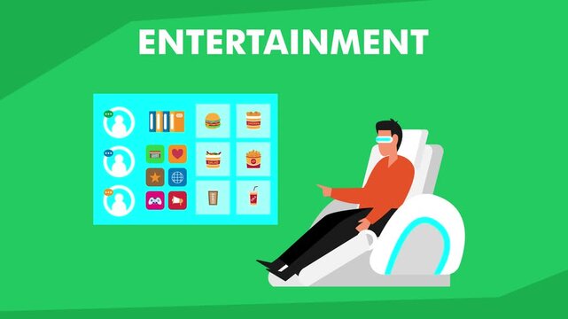 Futuristic Entertainment Concept: Man in VR Headset Reclining in Modern Chair Selecting Interactive Media Options cartoon animation
