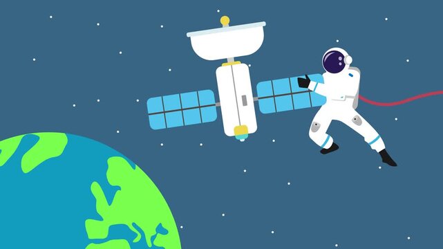 Astronaut Performing Spacewalk Maintenance on Satellite Orbiting Earth in Outer Space cartoon animation