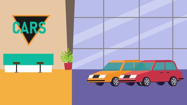 Car Dealership Showroom Concept: Modern Automobiles Parked Inside Auto Dealership Interior cartoon animation