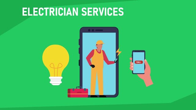 Electrician Services Online Concept: Male Worker on Smartphone Screen with Lightbulb, Toolbox, and Call Button cartoon animation