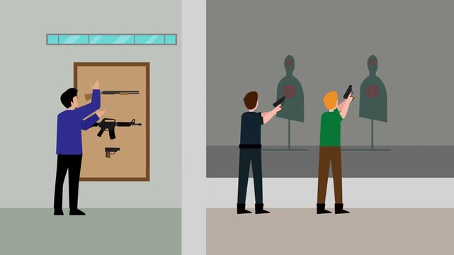 Indoor Shooting Range Concept: Men Practicing Handgun and Rifle Target Shooting cartoon animation