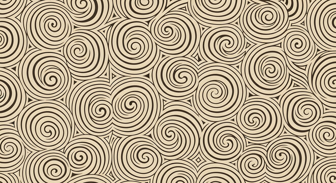 Abstract seamless pattern with beige concentric spirals and hypnotic circular swirls for artistic background design