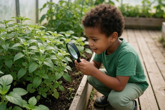 Young boy examines green plants with magnifier glass inside sunny greenhouse. Curious toddler learns botany science gardening in garden soil. African american child explores nature leaf sprout