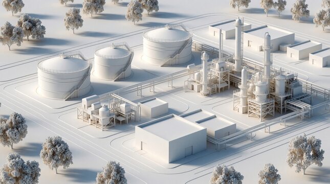 White 3d model of industrial refinery plant with storage tanks, pipelines. Overhead perspective shows factory infrastructure in minimalist style. Concept of oil gas production energy processing