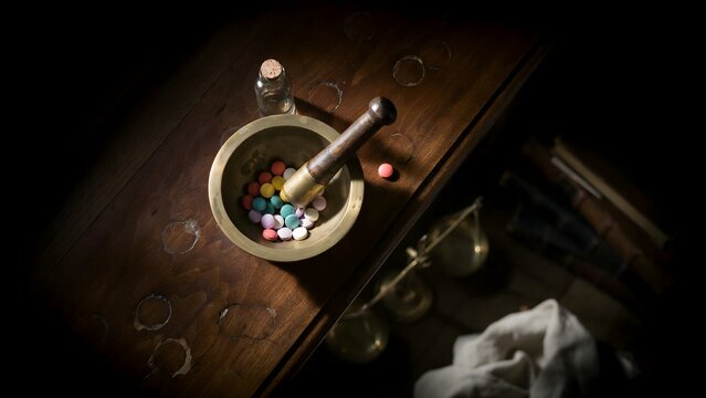 Mortar and pestle with colorful pills on dark wooden table with scattered medicine tablets