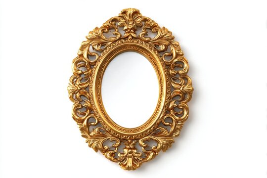 An ornate antique oval mirror with a golden frame featuring intricate scrollwork, isolated against a white background, adds a touch of vintage elegance to any decor.