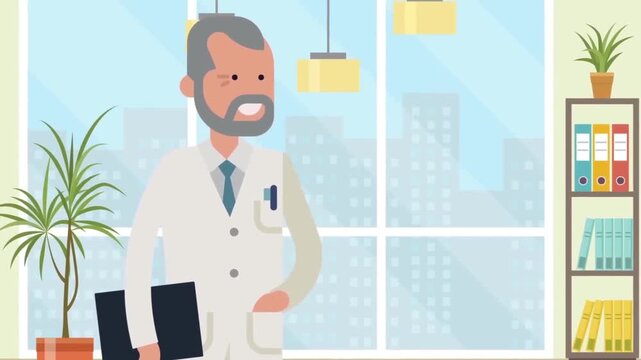 2D Animated Senior Doctor Holding Medical Folder Standing in Modern Hospital Room Flat Vector Character Animation Footage