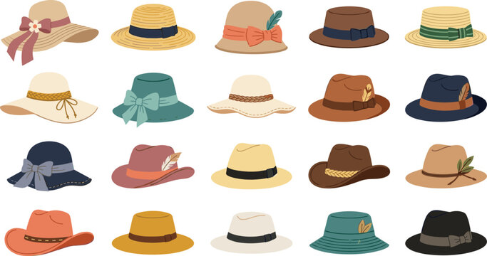 Classic Fashion Hats Vector Set Featuring Men and Women Headwear Styles Including Straw Sun Hats Cowboy Fedora Boater Cloche and Trilby with Ribbons and Feathers