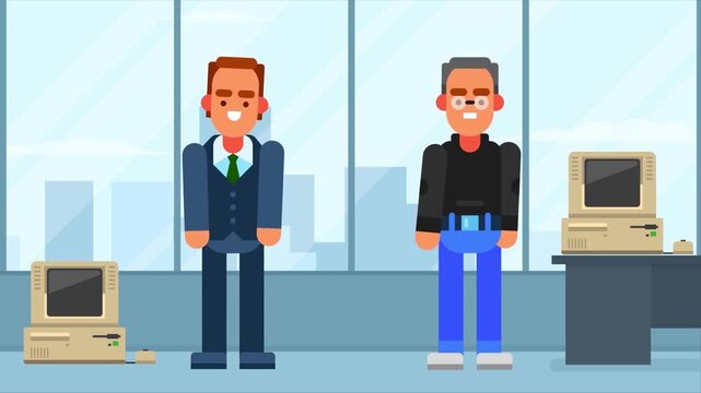 2D Animated Two IT Businessmen Standing near Retro Vintage Computer Hardware Equipment Flat Vector Character Animation Footage