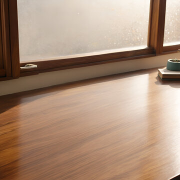 A wooden table, point of view shot looking over a clean mid-century modern walnut desk towards a blurred bright sunny window