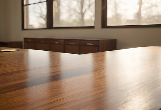 A wooden table with a window in the background, point of view shot looking over a clean mid-century modern walnut desk towards a blurred bright sunny window