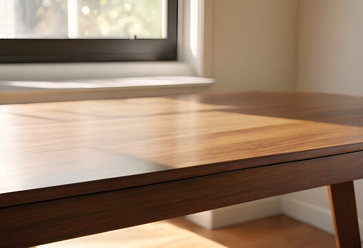 A wooden table with a window in the background, point of view shot looking over a clean mid-century modern walnut desk towards a blurred bright sunny window