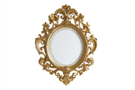 An ornate gold oval mirror with intricate baroque carvings and a detailed frame stands as a luxurious decorative piece.