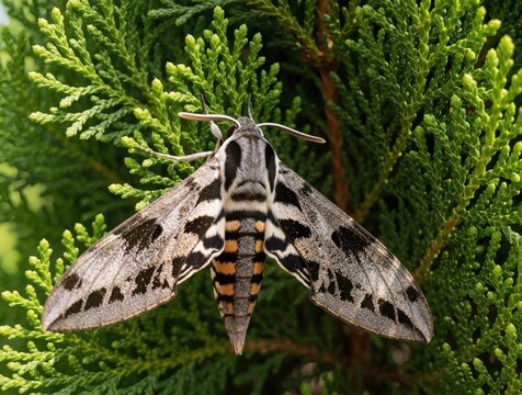 Large hawk moth sits on green arborvitae needles in sunlight. Agrius convolvuli insect displays detailed grey black, orange striped wings pattern. Fluffy night butterfly rests outdoors on coniferous