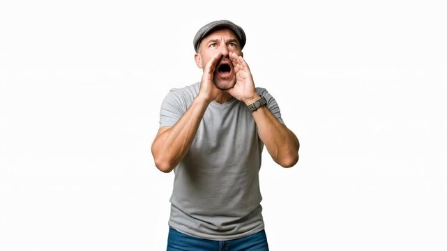 A man in a grey t-shirt and flat cap shouts with his hands cupped forward
