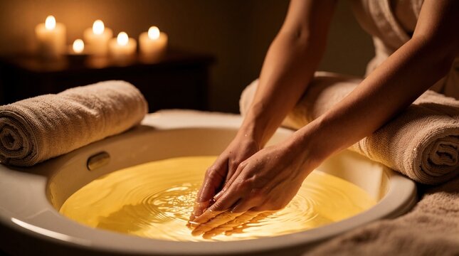 Woman receives soothing hand treatment in warm spa with candles and towels. Relaxing paraffin bath moisturizes skin for beauty and wellness.