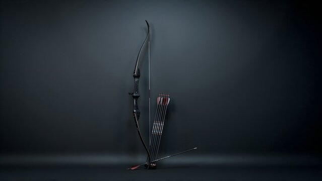 Modern bow and arrow set with quiver and target on dark background