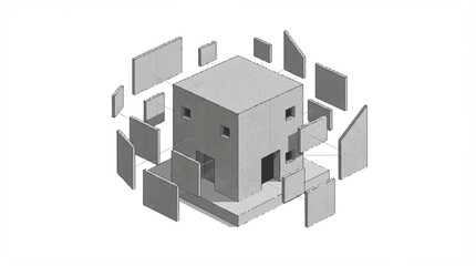 Fototapeta premium 3D Isometric Modern City Building Architecture Model with Residential Homes, Real Estate Design Concept and Urban Construction Illustration