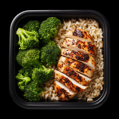 Obraz premium Healthy grilled chicken, brown rice, and broccoli in plastic meal container isolated on black background with clipping path
