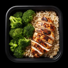 Healthy grilled chicken, brown rice, and broccoli in plastic meal container isolated on black background with clipping path © boule1301