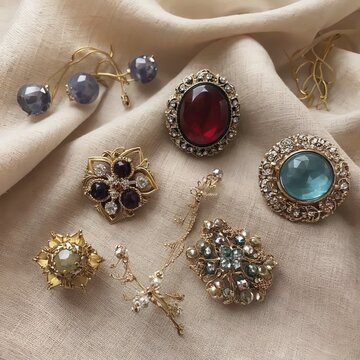 Ornate vintage rings and brooches flat lay