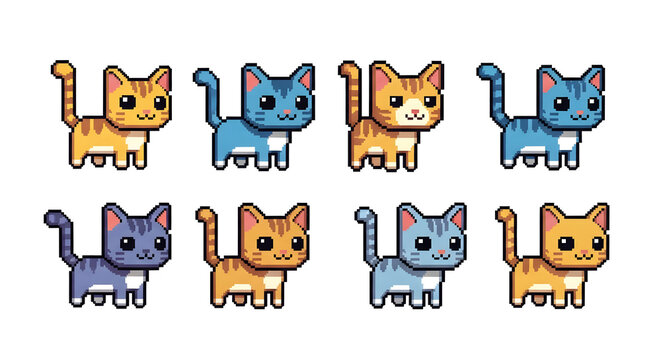 Collection of Cute Pixel Art Cat Characters in Various Colorful Patterns for Retro Video Game Design Assets