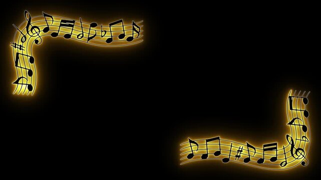 Golden glowing music notes on staff lines forming an elegant animated frame over a dark background. ideal for music videos, concert intros, sound backgrounds, and performance visualizer overlays.
