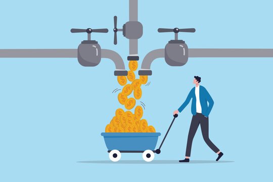 Multi income streams, multiple revenue sources, passive income or part time job salary, investment return, interest rate earning, dividend profit or pension, businessman with multiple money faucet.