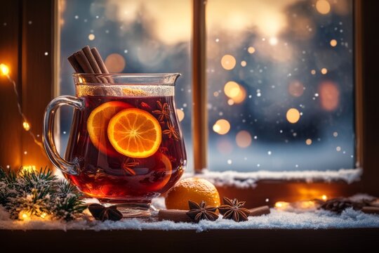 Mulled wine in glass by snowy window