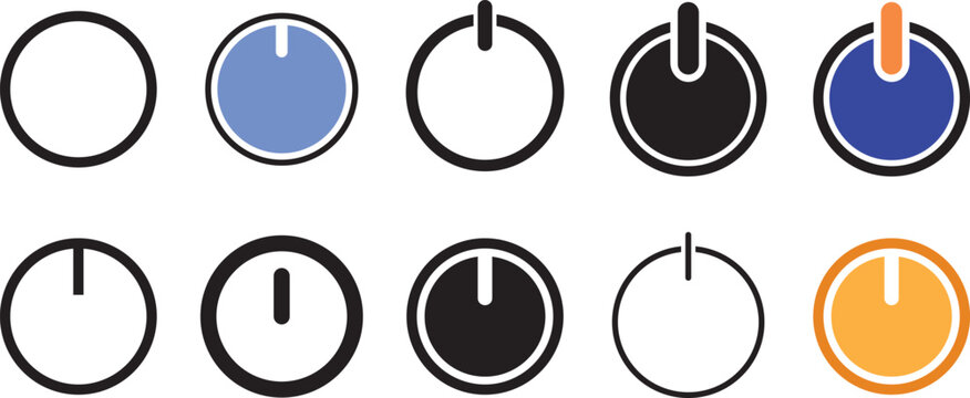 Power button line and solid icon set. On off switch and standby state symbol collection. Electric start push button vector illustration for system energy control. Modern round colorful power elements