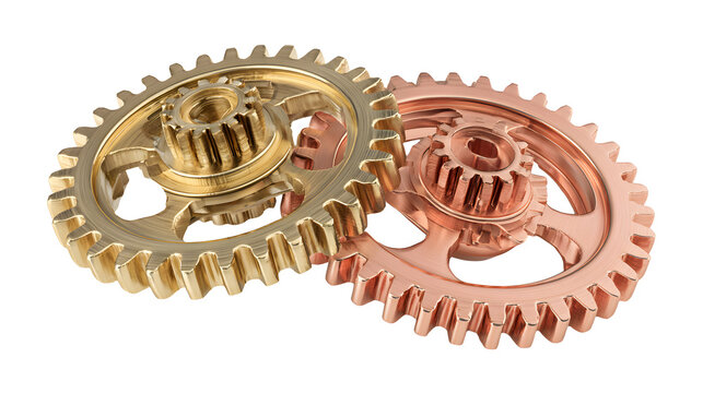 Two interlocking gears white background, golden and copper cogwheels for mechanical engineering and industrial design