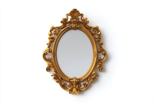 An ornate oval mirror with a richly detailed golden baroque frame hangs against a plain background, reflecting light with an antique elegance.