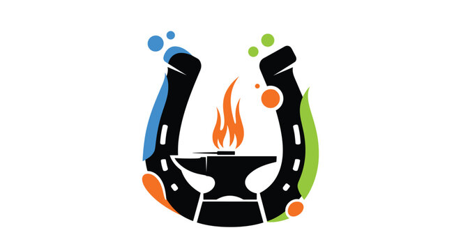Metal forge logo featuring a horseshoe framing a blacksmith anvil with a burning flame and colorful artistic bubbles.