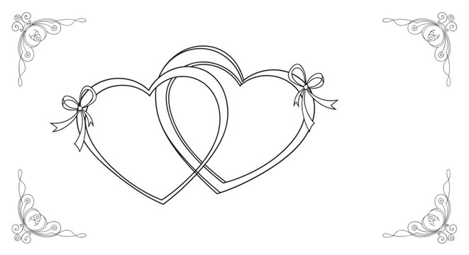 Coloring page illustration featuring two intertwined hearts decorated with ribbon bows and elegant vintage corner frames.