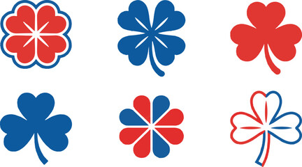 Obraz premium Assorted red and blue clover leaf icons for holiday symbols and graphic design elements with shamrock, graphics