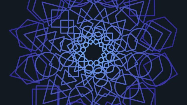 A complex abstract design featuring interlocking geometric shapes in shades of blue on a dark background, creating a kaleidoscopic effect.