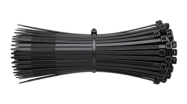 Bundle of black zip ties tied together with a central png isolated on transparent background