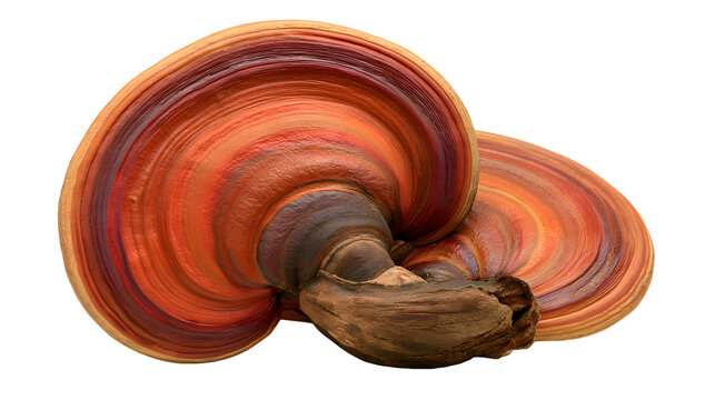 Vibrant Ganoderma lucidum, or Reishi mushroom, showcasing its distinctive banded cap and woody stem, a powerful medicinal fungus