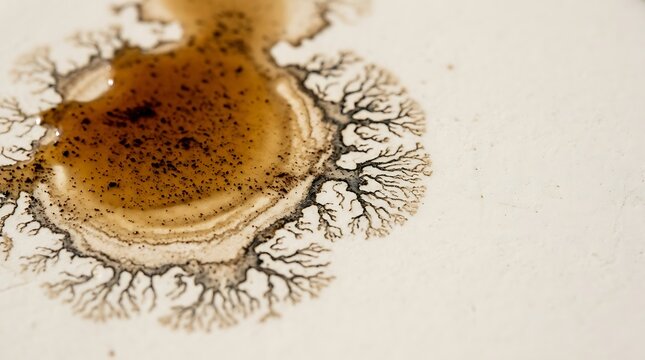Abstract fractal patterns formed by liquid stain on white surface