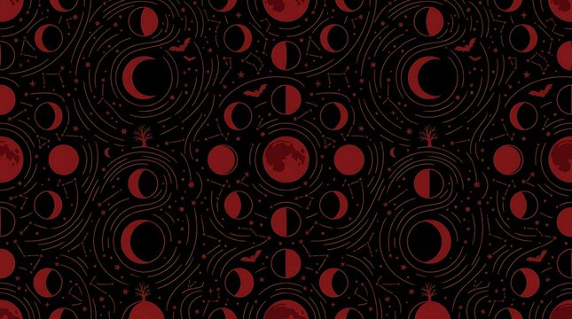 Red mystical moon phases and celestial symbols in a seamless pattern